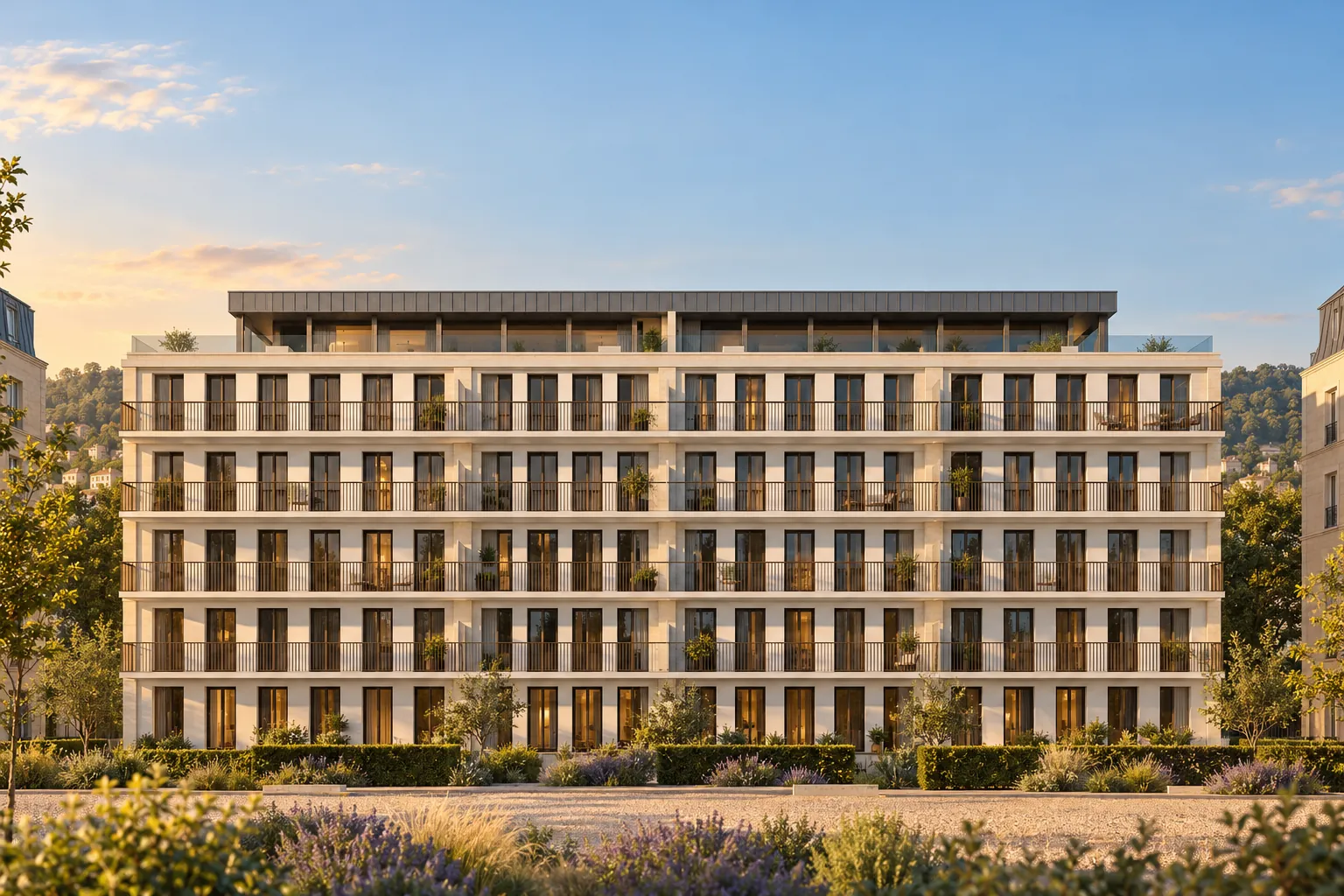 Façade sud de Belvaure avec tous les logements, vue de face depuis l'allée des jardins — visualisation d'illustration