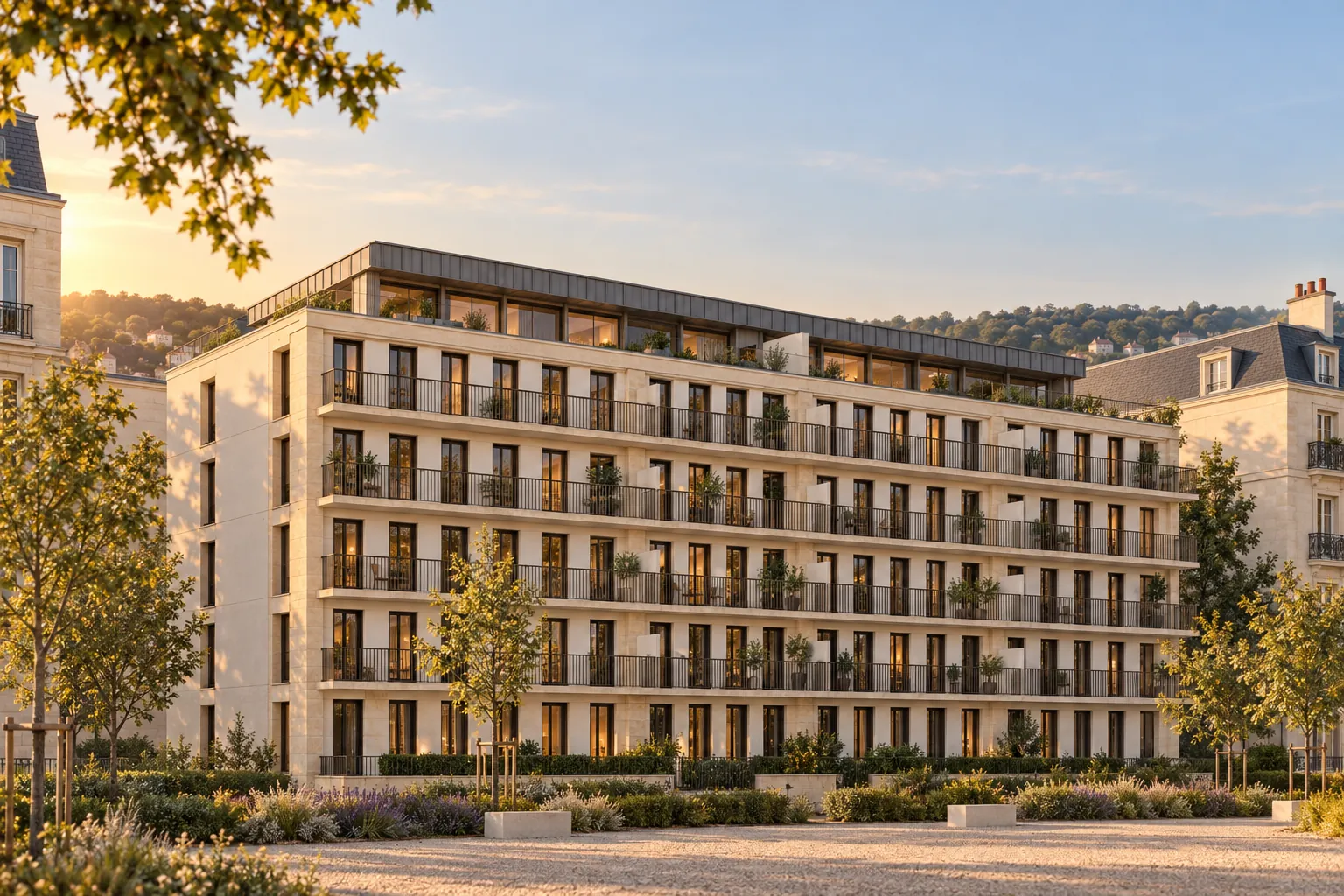 Belvaure au soleil couchant : immeuble de six niveaux en pierre claire, balcons filants à garde-corps bronze et attique en retrait, derrière une allée de platanes — visualisation d'illustration